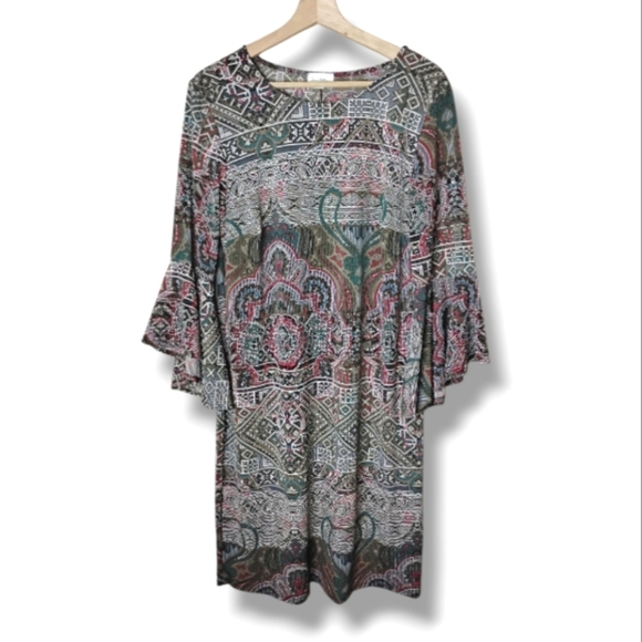 Vintage Boho Bell Sleeve Dress 1X Olivia Matthews Stretch Knit Fall Retro - Picture 1 of 8